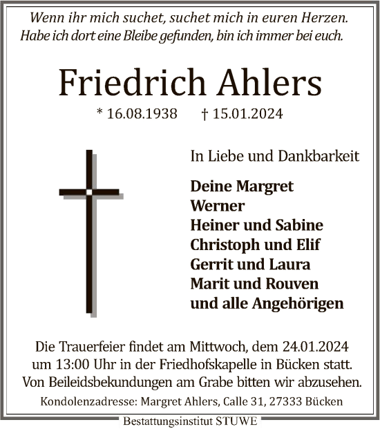 Traueranzeige von Friedrich Ahlers von SYK