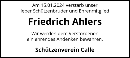 Traueranzeige von Friedrich Ahlers von SYK