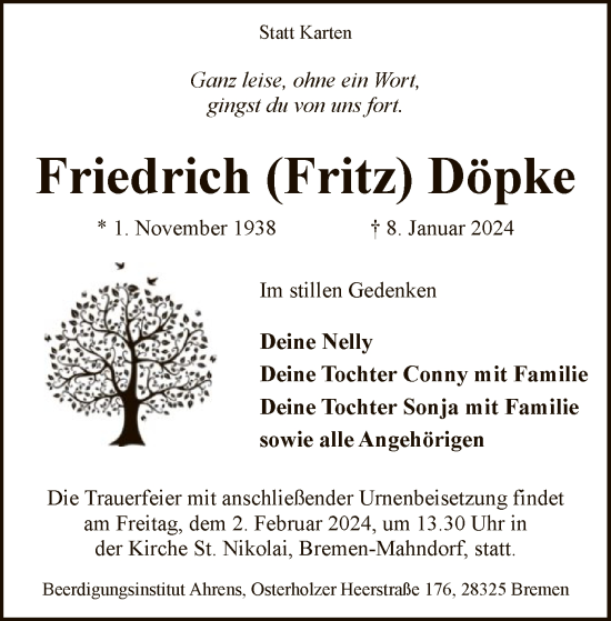 Traueranzeige von Friedrich  Döpke von SYK