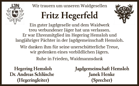 Traueranzeige von Fritz Hegerfeld von SYK