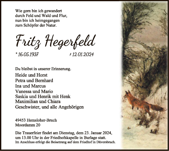 Traueranzeige von Fritz Hegerfeld von SYK