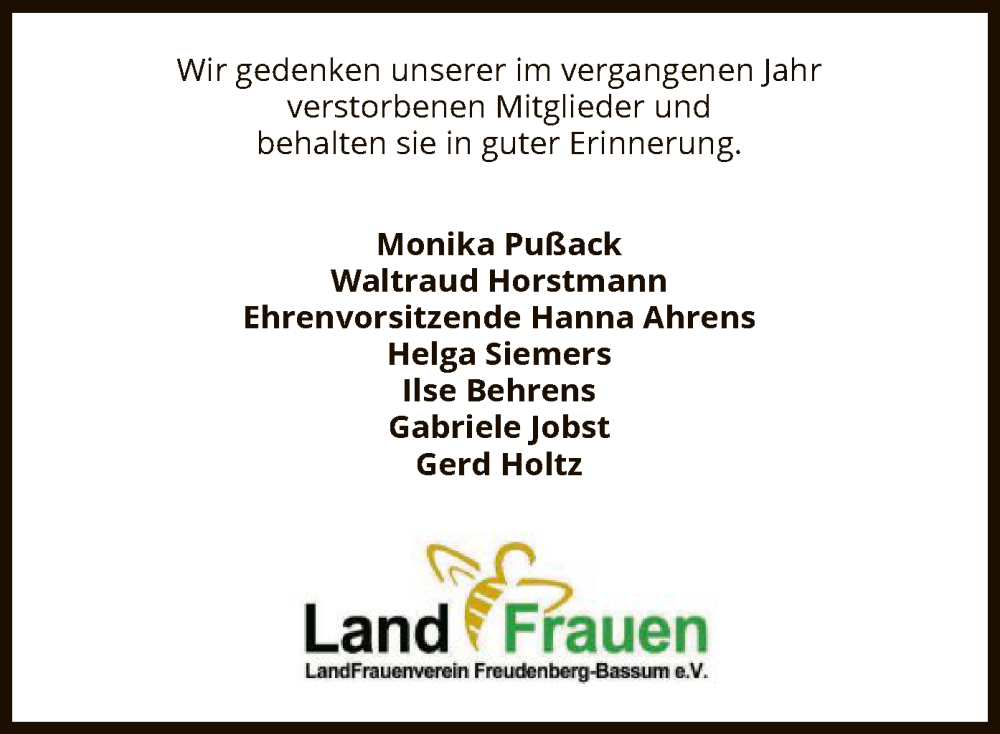  Traueranzeige für Gedenktafel Land Frauen vom 13.01.2024 aus SYK