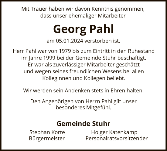 Traueranzeige von Georg Pahl von SYK