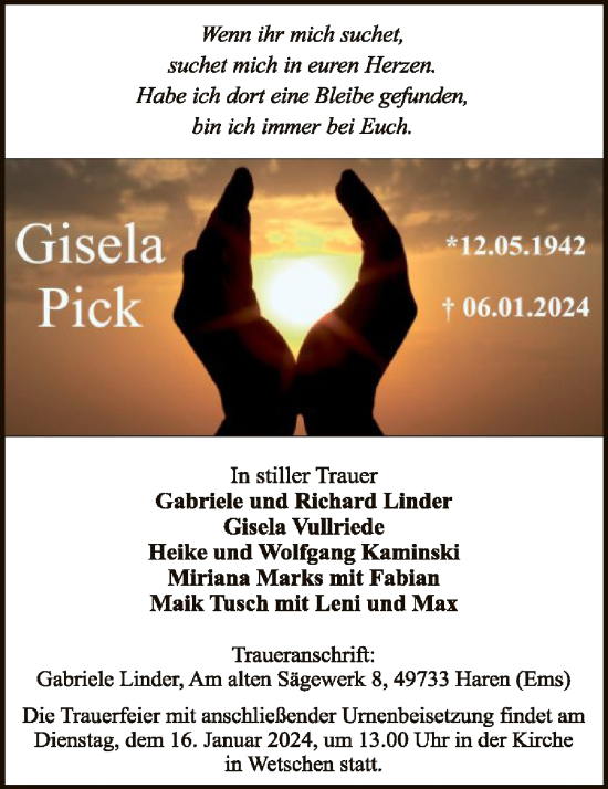 Traueranzeige von Gisela Pick von SYK
