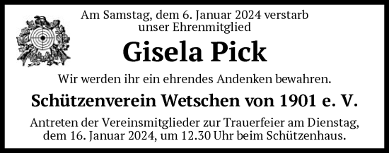 Traueranzeige von Gisela Pick von SYK