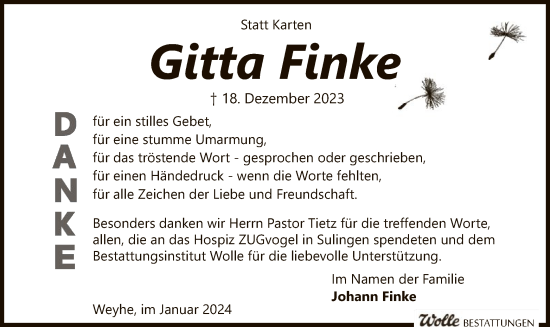 Traueranzeige von Gitta Finke von SYK