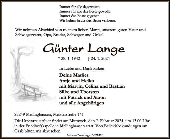 Traueranzeige von Günter Lange von SYK