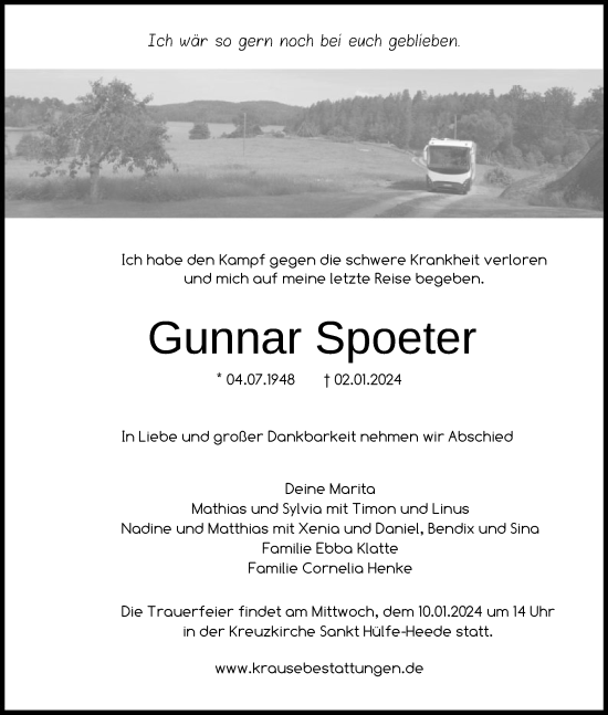 Traueranzeige von Gunnar Spoeter von SYK