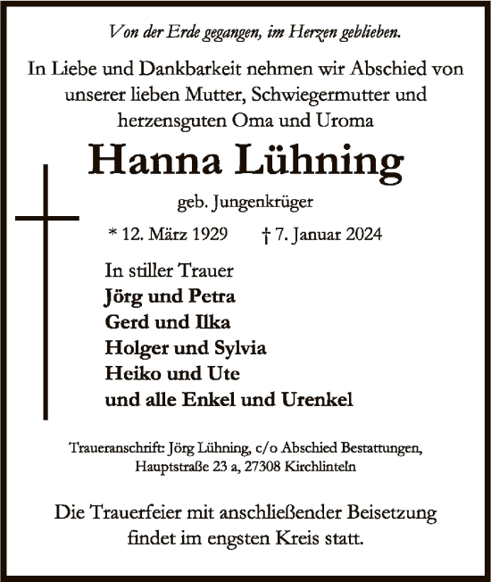 Traueranzeige von Hanna Lühning von SYK