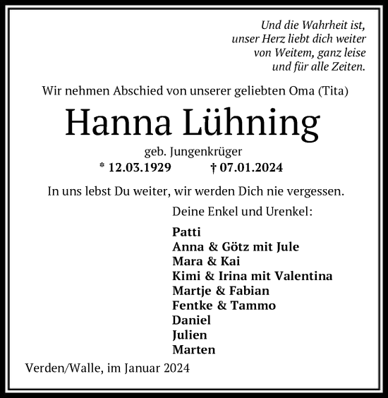 Traueranzeige von Hanna Lühning von SYK