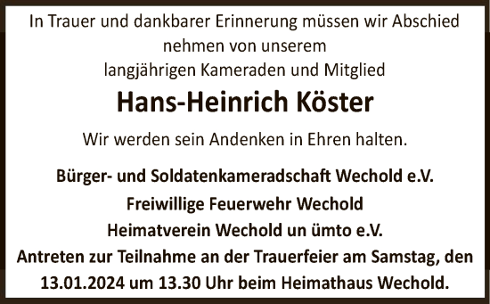 Traueranzeige von Hans-Heinrich Köster von SYK