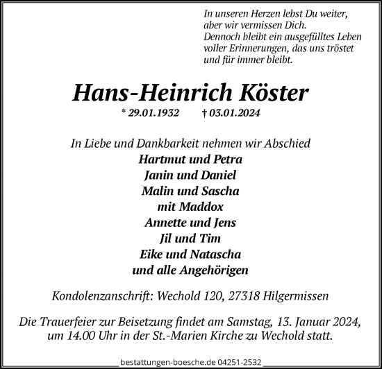 Traueranzeige von Hans-Heinrich Köster von SYKSYK