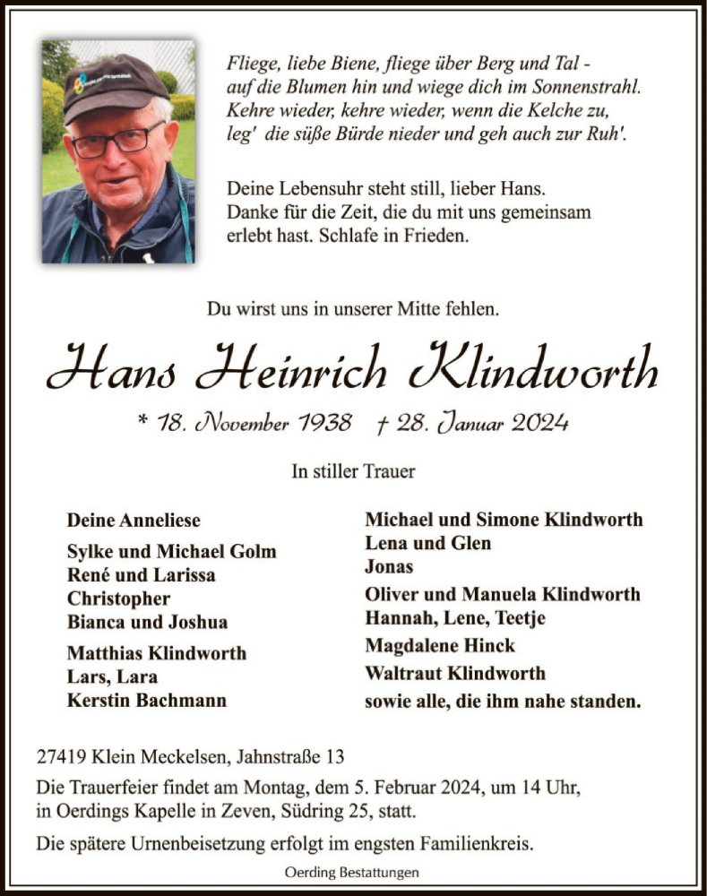  Traueranzeige für Hans Heinrich Klindworth vom 31.01.2024 aus SYK