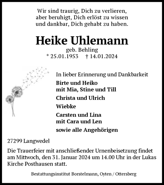 Traueranzeige von Heike Uhlemann von SYK