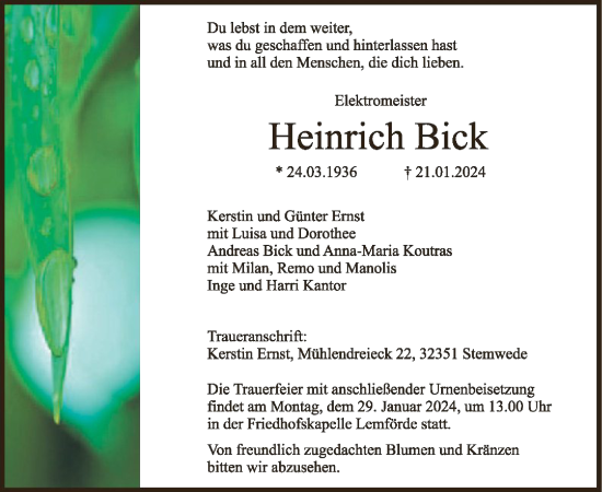 Traueranzeige von Heinrich Bick von SYK