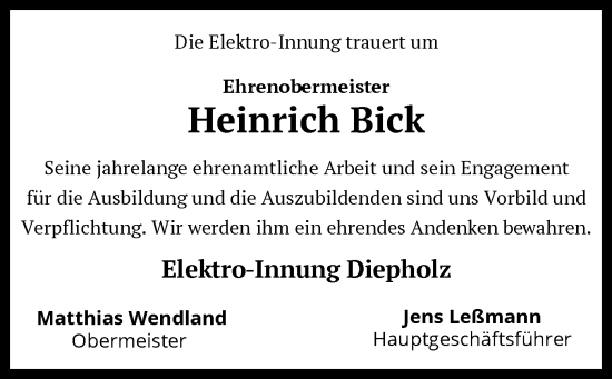 Traueranzeige von Heinrich Bick von SYK