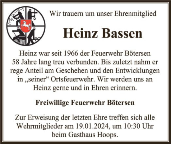 Traueranzeige von Heinz Bassen von SYK