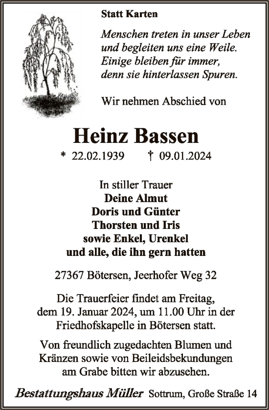 Traueranzeige von Heinz Bassen von SYK