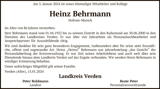 Traueranzeige von Heinz Behrmann von SYK