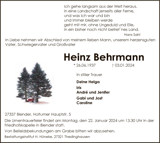 Traueranzeige von Heinz Behrmann von SYK