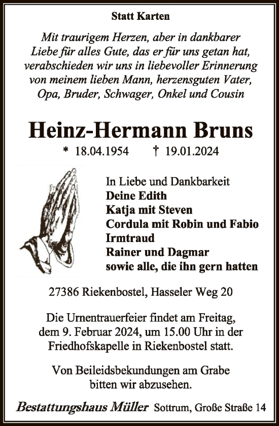 Traueranzeige von Heinz-Hermann Bruns von SYK