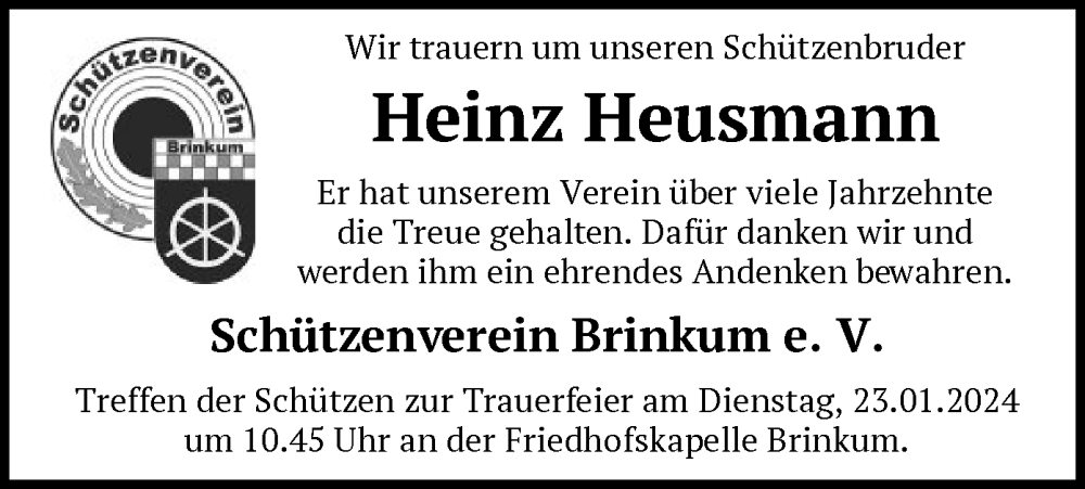  Traueranzeige für Heinz Heusmann vom 12.01.2024 aus SYK
