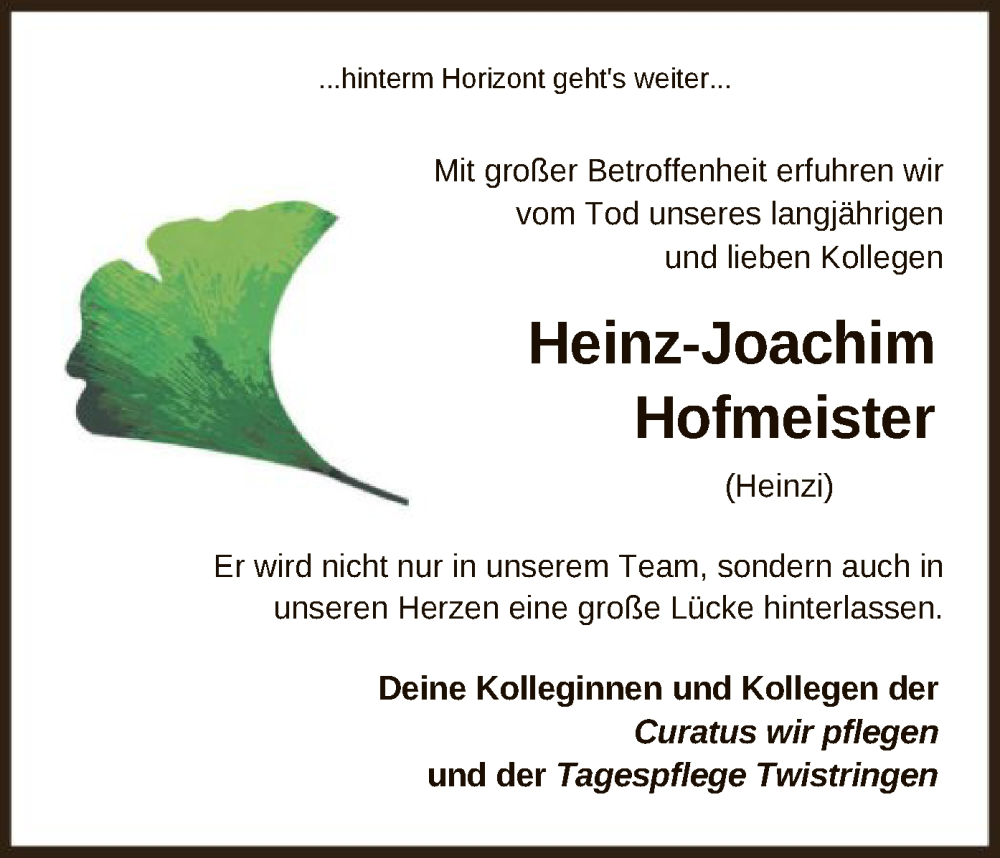  Traueranzeige für Heinz-Joachim Hofmeister vom 24.01.2024 aus SYK