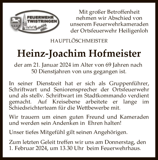 Traueranzeige von Heinz-Joachim Hofmeister von SYK