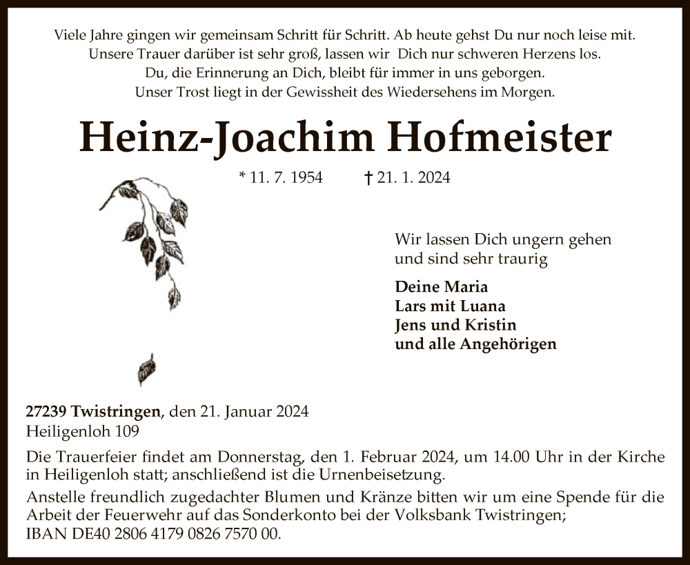  Traueranzeige für Heinz-Joachim Hofmeister vom 24.01.2024 aus SYK