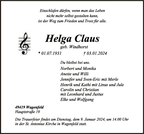 Traueranzeige von Helga Claus von SYK