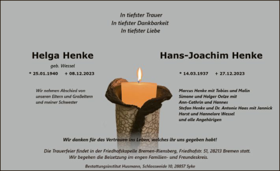 Traueranzeige von Helga und Hans-Joachim Henke