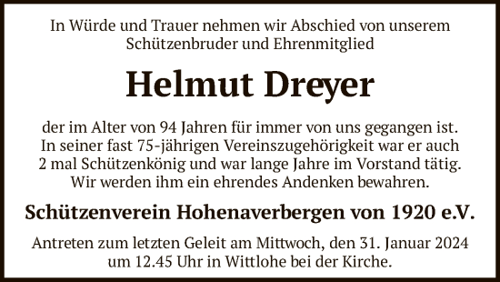 Traueranzeige von Helmut Dreyer von SYK