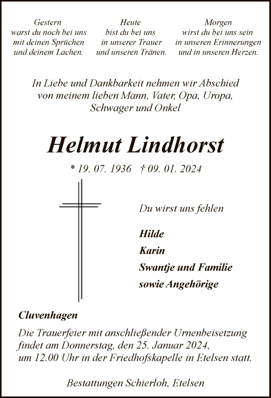 Traueranzeige von Helmut Lindhorst von SYK