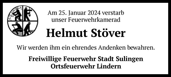 Traueranzeige von Helmut Stöver von SYK