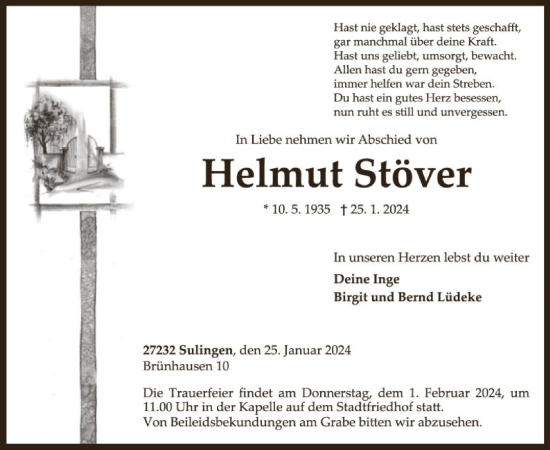 Traueranzeige von Helmut Stöver von SYK