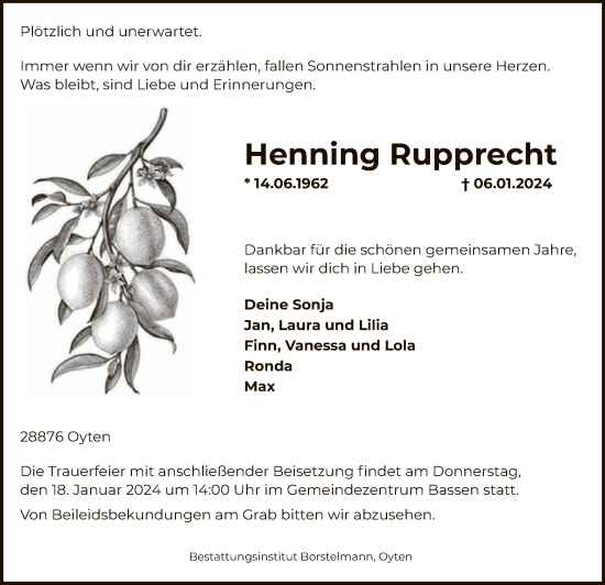 Traueranzeige von Henning Rupprecht von SYK