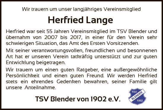 Traueranzeige von Herfried Lange von SYK