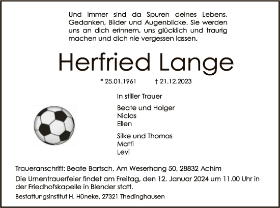 Traueranzeige von Herfried Lange von SYK