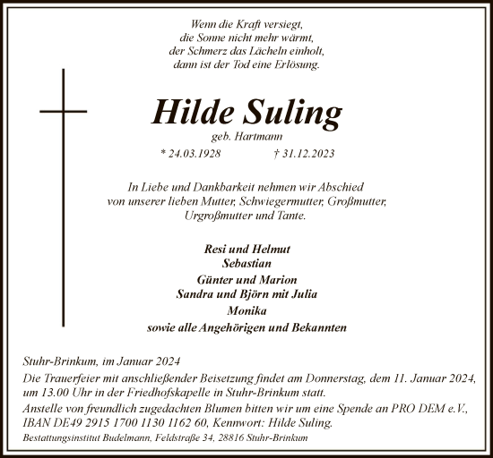 Traueranzeige von Hilde Suling von SYK
