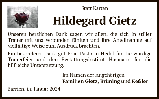 Traueranzeige von Hildegard Gietz