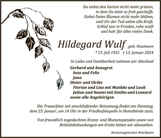 Traueranzeige von Hildegard Wulf von SYK