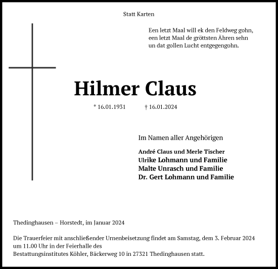 Traueranzeige von Hilmer Claus von SYK
