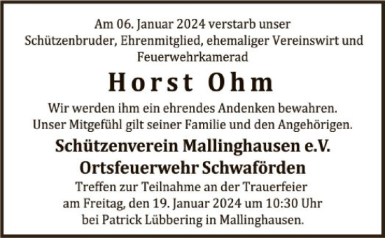 Traueranzeige von Horst Ohm von SYK