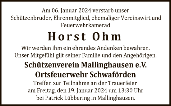 Traueranzeige von Horst Ohm von SYK