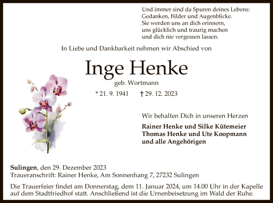 Traueranzeige von Inge Henke von SYK