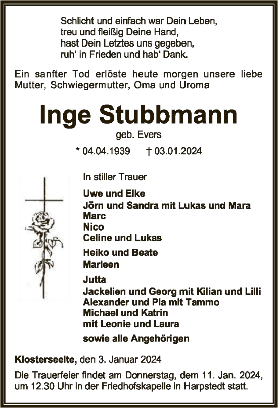Traueranzeige von Inge Stubbmann von SYKSYK
