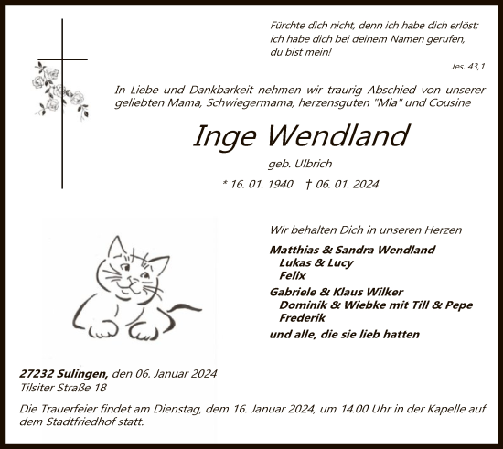 Traueranzeige von Inge Wendland von SYK