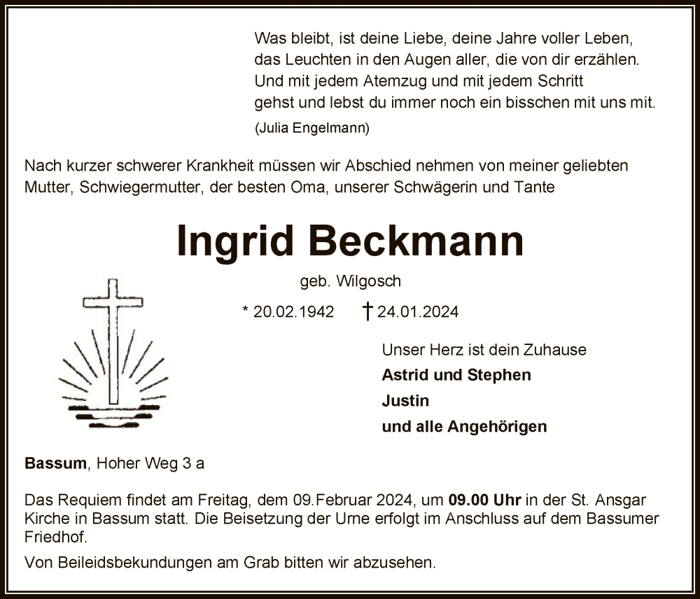  Traueranzeige für Ingrid Beckmann vom 27.01.2024 aus SYK