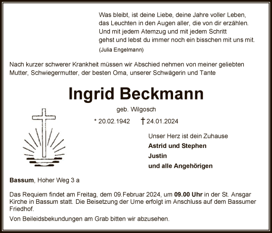 Traueranzeige von Ingrid Beckmann von SYK