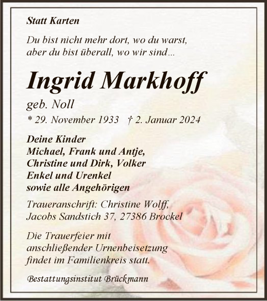 Traueranzeige von Ingrid Markhoff von SYK